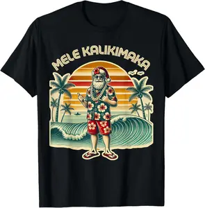 100%cotton Retro Christmas Surf, Mele Kalikimaka Santa Shaka Hawaii T-Shirt