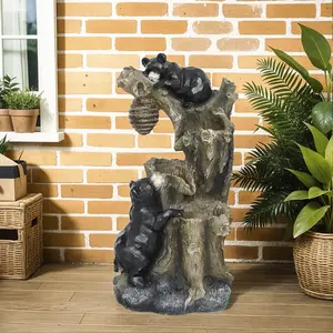 22.4" Outdoor Fountain 3-Tier Resin Bears & Honey Beehive with LED Lights Adjustable Water Flow IP44 Weather-Resistant Garden Decor