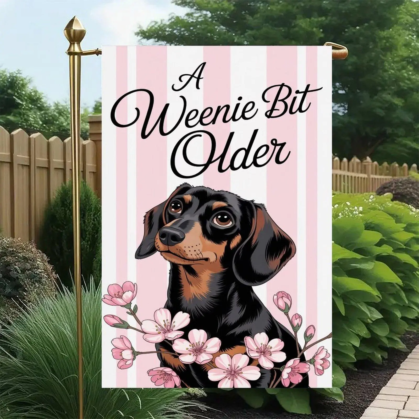 Double-Sided 12x18in Fabric Pink Striped Black and Tan Dachshund Cherry Blossom Funny Garden Flag - Dachshund Lover Humorous Front Entry Yard Decor Outdoor Sign