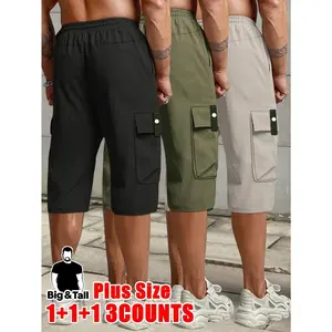 Men's Plus Size 3-Pack Multi-Pocket Workwear Cropped Pants - Elastic Drawstring Waist, Loose Casual Cargo Men’s Shorts & Trousers for Big & Tall, 3 Colors Activewear Athletic