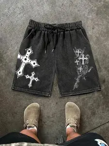 Unisex style, streetwear-inspired distressed cotton shorts with a cross-stitch pattern. Suitable for various streetwear scenarios. Ideal for casual daily wear, subcultural outfits, avant-garde styles, versatile for various occasions: campus life, sports,