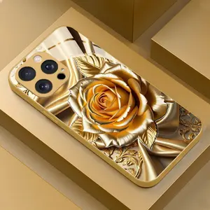 Gold Rose Silk Pattern Phone Case, Stylish Minimalist Design, Compatible with iPhone Series 7-16, Latest Tempered Glass Technology