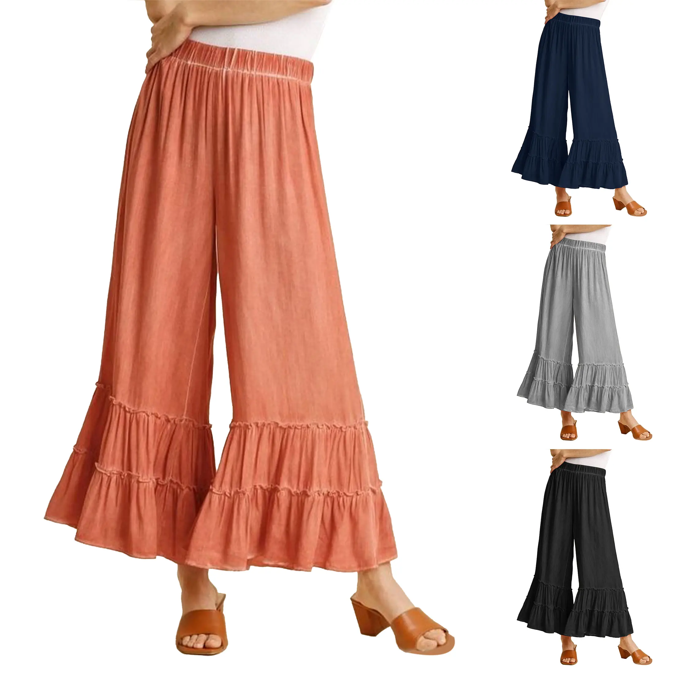 JOVENPARA Women's High-Waisted Cotton Palazzo Pants - Oversized Sporty Chic Baggy Fit, Layered Ruffle Hem, Pockets, Waist Stays Put, Cotton Fabric, Basics, Athletic, Full Length, for Work, Valentine's Day