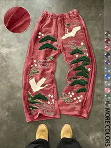 New Traditional Crane Embroidered Sweatpants, Vintage Washed Texture, Heavy-Duty Embroidery Details, Casual Loose-Fit, All Seasons, Animal