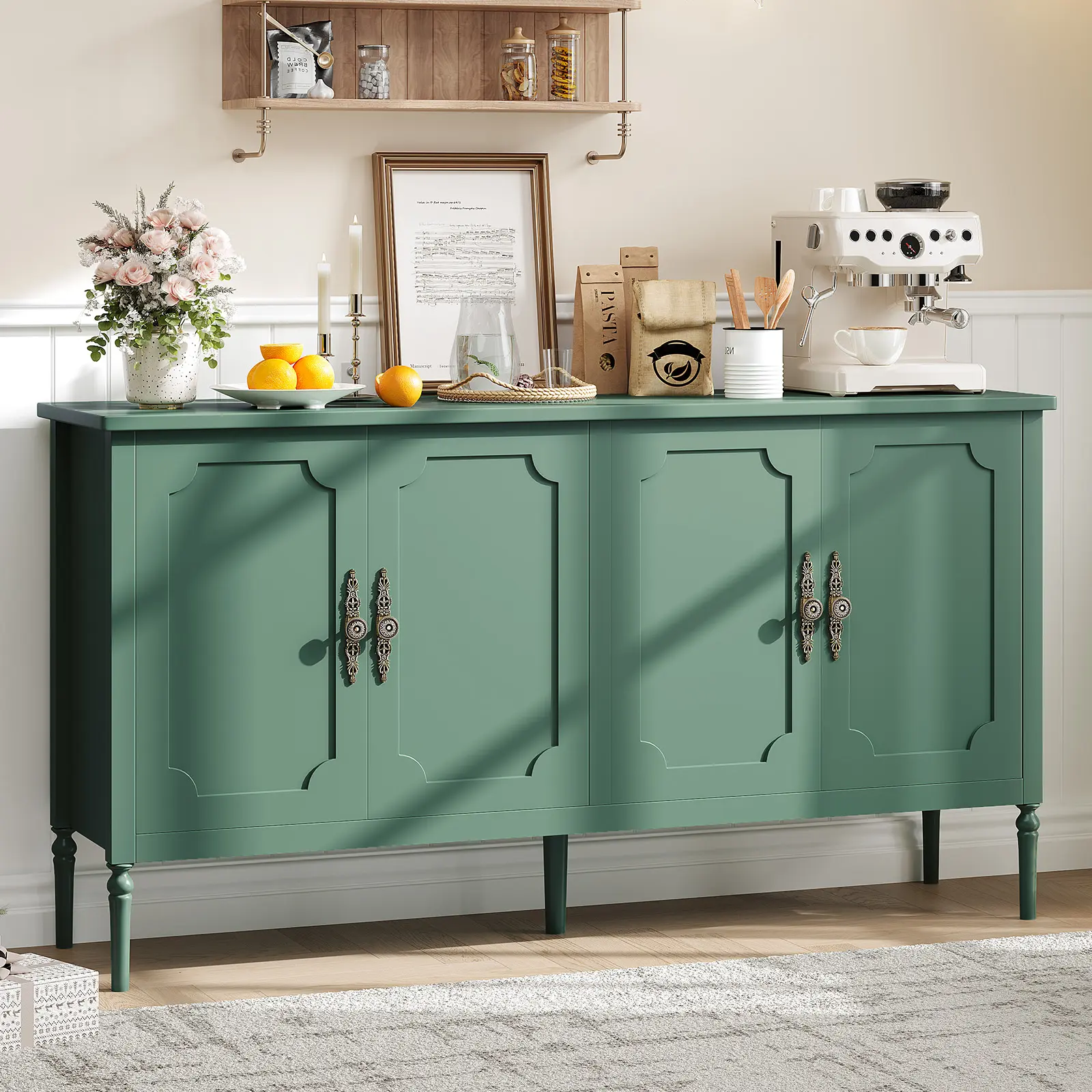 59.05 in L x 16 in W x 31.7 in H Wood Vintage Coffee Bar Cabinet, Buffet Sideboard with 4 Doors & Adjustable Shelves for Kitchen, Dining Room