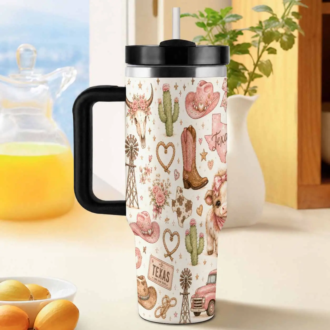 Western Cowgirl Pink Floral Texas Themed 40oz Tumbler. Adorable Highland Cow Cactus And Cowboy Boot Pattern. Vacuum Insulated Stainless Steel Durable Leakproof. Perfect For Car Cup Holders And Outdoor Travel.