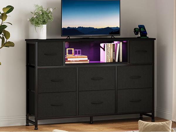 TV Stand Dresser with 8 Fabric Drawers, Media Console for 45-55 inch | LED Entertainment Center with Charging Station, Wood Top and Open Shelves, Bedroom