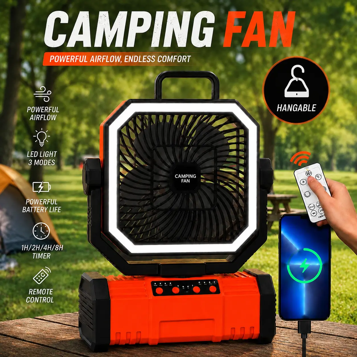 Rechargeable Camping Fan with LED Light, Bluetooth Speaker & Remote Control, Portable Hanging Tent Fan with Hook, 3 Lighting Modes for Camping Hiking Outdoor