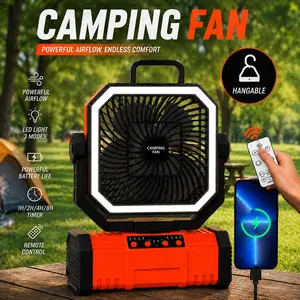 Camping Fan with Bluetooth Speaker & Remote Control, Rechargeable LED Tent Fan with 3 Lighting Modes, Portable Hanging Fan with Hook for Outdoor Camping Hiking