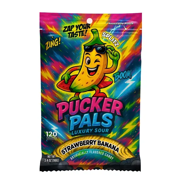 Pucker Pals Strawberry Banana Sour Candy – Extreme Sour Strips, Chewy Gummy Candy & Sour Gummies, Gummy Worms Style Bold Fun Treats for Kids, Boys, Girls, Teens & Adults, Halloween & Stocking Stuffers