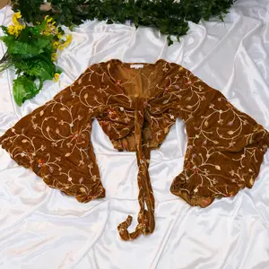 Velvet Hand Embroidered Wrap Top, Handmade Boho Blouse, One of a Kind, Witchy Hippie Crop Top, Vibrant Ruffle Sleeve Top, Bohemian Fairy Top