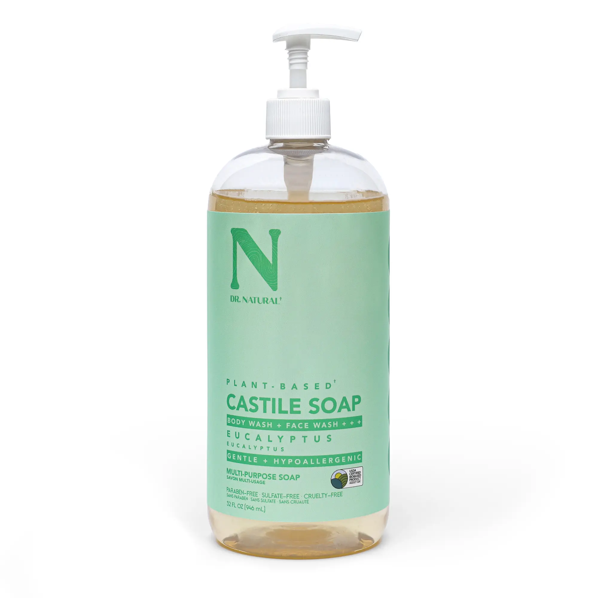 Dr. Natural Eucalyptus Castile Liquid Soap, Multi-Use Body Wash, Shampoo and Face Wash - 32 oz