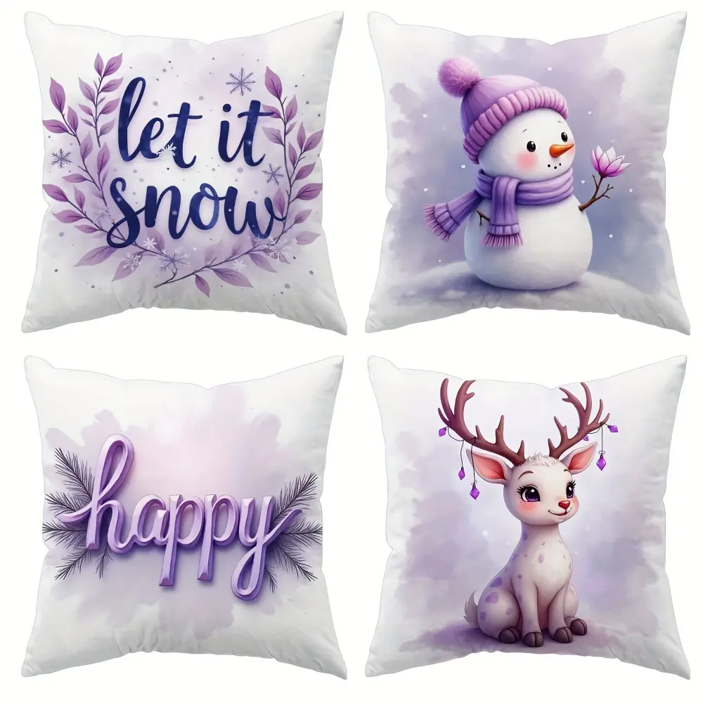 4pcs, Dreamy Light Purple Christmas Pillow Covers, Snowman & Reindeer Designs, Festive Holiday Decor for Living Room, Bedroom, or Office Christmas Pillow Covers, Home Decorators, Single Sided Printing, No Pillow Core