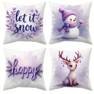 4pcs, Dreamy Light Purple Christmas Pillow Covers, Snowman & Reindeer Designs, Festive Holiday Decor for Living Room, Bedroom, or Office Christmas Pillow Covers, Home Decorators, Single Sided Printing, No Pillow Core