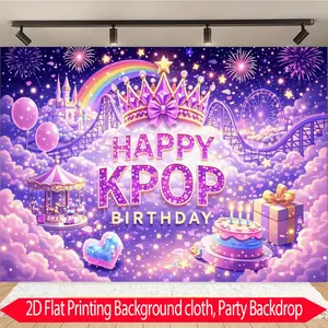 2d flat 1PC KPOP birthday background cloth, purple tone dream amusement park style "HAPPY KPOP BIRTHDAY" printed design decorative wall cloth, crown castle and fireworks scene, suitable for fan birthday party decoration, support party, multiple sizes avai