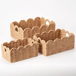 Scalloped Wicker Baskets, Set of 3 Hand-Woven Storage Baskets with Handles - Paper Rope Shelf Organizers & Decorative Baskets for Shelves, Closet, Bathroom (Tan)