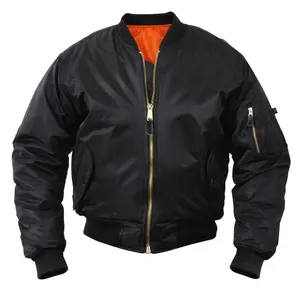 MA-1 Bomber Jacket - Black Classic Leather Trim Nylon Shell with Orange Lining & Brass Zippers