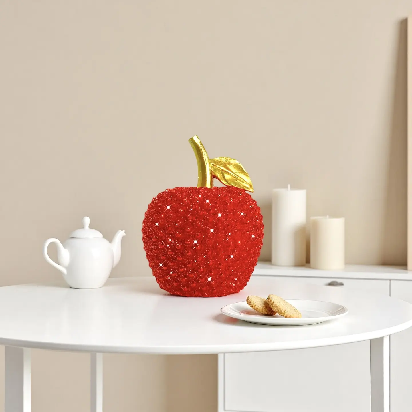 Beaded Red Apple Statue Luxury Desktop Ornament Modern Home Decor Figurine Aesthetic Room Decor and Housewarming Gift