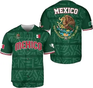 Mexico Eagle Coat Of Arms Green Baseball Jersey Unisex Oversized Streetwear Aztec Pattern Flag Sport Fan Summer Casual Gym Shirt Men Women Cinco De Mayo Gift