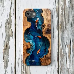 Koi Fish Faux Wood Resin Phone Case, Blue Epoxy iPhone Tough Case 17 16 15 14 13 12 11 Air Pro Max , japanese phone case , dolphin phone case , coastal phone case