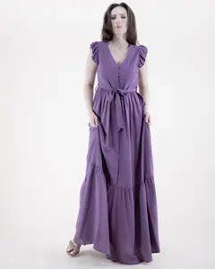 Women's Elegant Breezy Butterfly Sleeve Button Front Tiered Maxi Dress