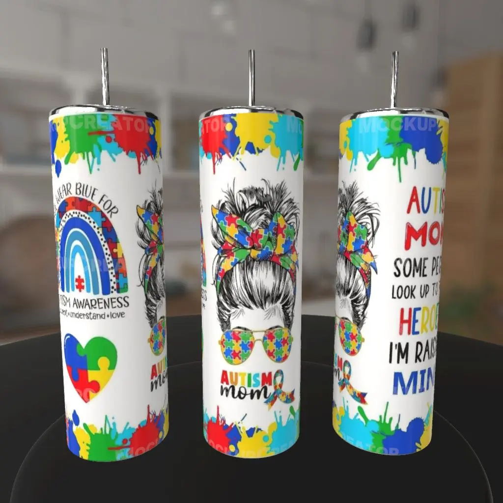 Autism 20 oz Stainless Steel Tumbler Flask - Portable, Colorful Autism Mom Awareness Drinkware, Washable Reusable Flasks for Water & Beverages, Kitchenware Accessory, Water Bottles