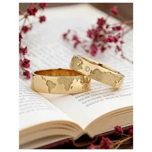 2pcs Creative Golden Wedding Rings Set with World Map,Travelers Wedding Bands,Unique Wedding Bands Gift for Her(no Box)