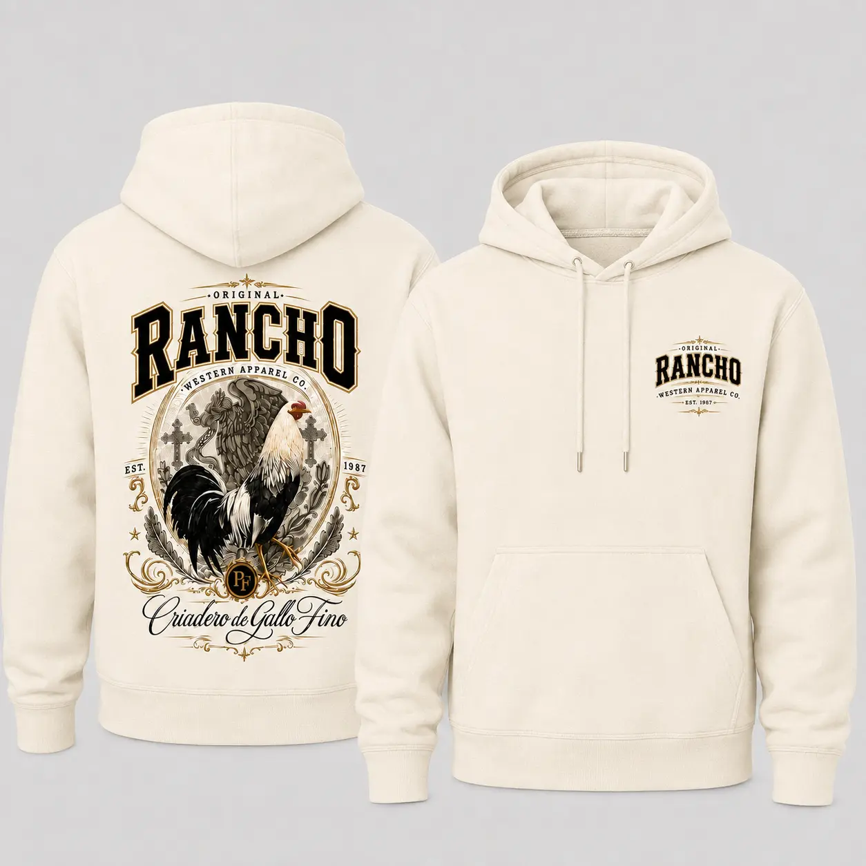 Rancho Gallo Fino Hoodie, Gamefowl Rooster Western Ranch Pullover, Criadero de Gallo Fino Mexico Hoodie, Two-Sided Gallero Gift for Men
