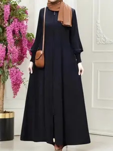 Women's Elegant Arabic Gamis Clothes Muslim Outfits Long Robe Cardigan with Zipper Pocket, Plain Lantern Sleeve Modest Dress, Muslim Women Gowns, All Seasons Fashion