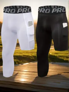 Men's Letter Tape Pocket Asymmetrical Sports Leggings, Quick Drying Breathable Compression Pants, Basketball Athletic Running Leggings