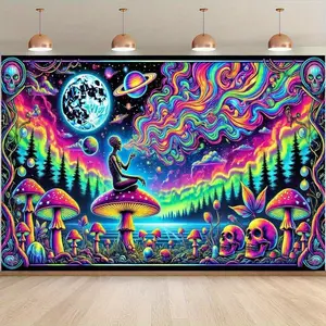 Vibrant Psychedelic Space Tapestry - High-Quality Polyester Wall Hanging With Surreal Alien Landscape Design, Featuring Whimsical Mushrooms, Skulls, And Cosmic Elements, Perfect For Living Room, Bedroom, Or Party Decor, Bedroom Enhancement