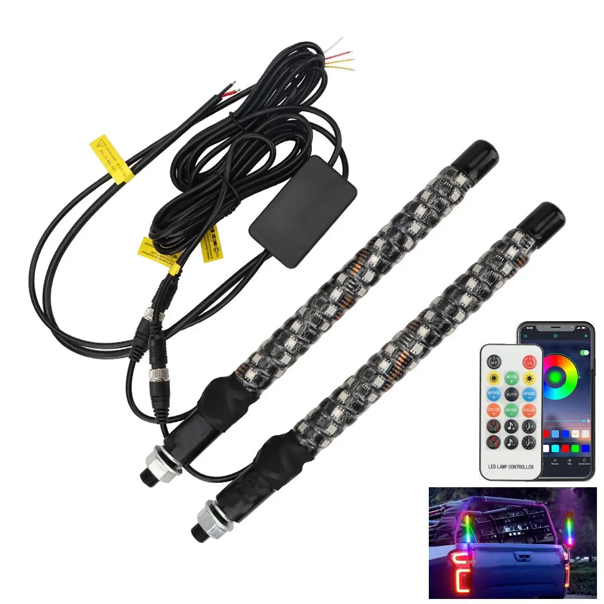 2pc 1ft RGB LED Whip Light with Remote & APP Control, Spiral Decorative Chasing Whips for Utv Atv Jeep Offroad Truck, Car Led Lights, Auto Decorative Light