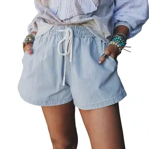 Women's Summer Casual Denim Shorts High Waisted Stretchy Jean Shorts with Pockets Elastic Drawstring Waist Wide Leg Daily Shorts