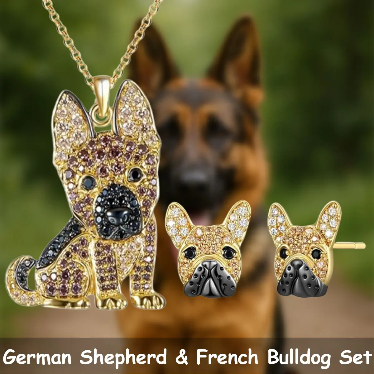 3 Pcs/Set Golden Fashion Alloy Jewelry Set - German Shepherd Pendant Necklace, French Bulldog Stud Earrings, Cute Animals-Themed Accessory for Daily Wear, No Excessive Decor, Birthday Gift for Her Him, Handsome, Everyday, Unisex