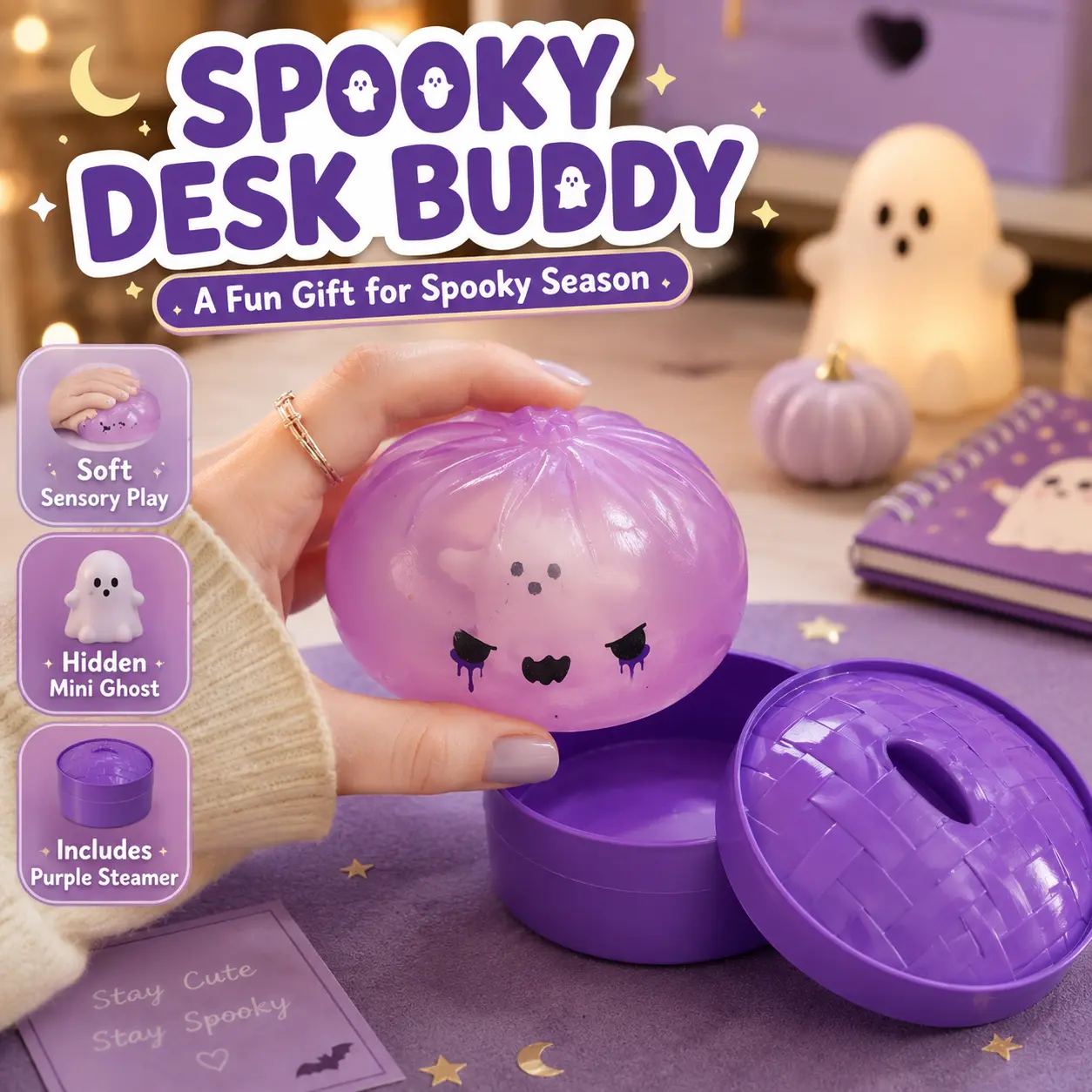 Halloween Spooky Ghost Dumpling Squishy,Jelly Filled Ghost Dumpling,Ghost Dumpling Squishy Toy,purple steamer toy, halloween desk toy