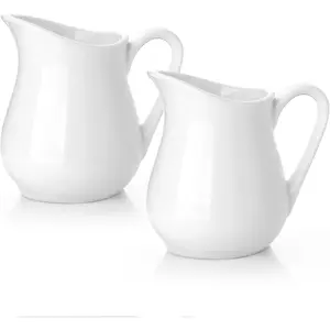Ceramic 4 Oz Creamer Pitcher Set, 2 Pack Creamer Container, White Small Milk Pitcher Container Cups with Handle For Sauces Salad Coffee Milk, Microwave & Freezer Safe, Set of 2