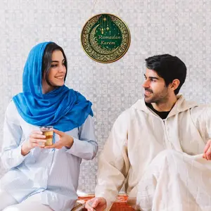 Islamic Wall Art Ramadan Decorations, Deep Green Gold Arabic Calligraphy Plaque with Chain, Eid Home Door Hanging Gift