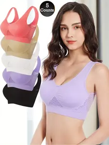 5pack Solid Seamless Wireless Tank Bra Simple Comfy Push Up Women's Lingerie Underwear Breathable Casual Womenswear Racerback Design Minimalist Basic