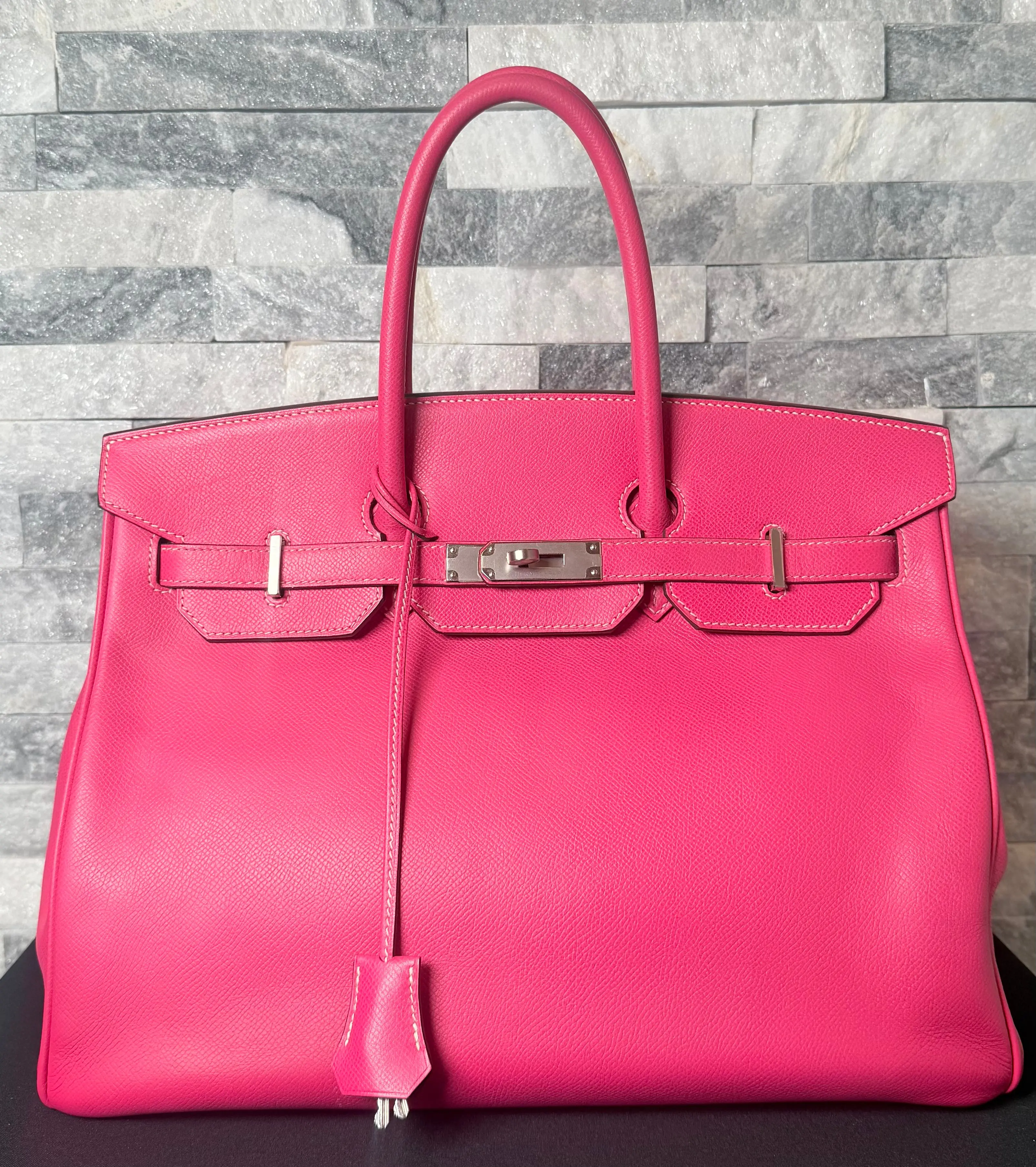 Pre-owned birkin leather tote bags Hermès 35 Candy Collection Rose Tyrien Epsom Palladium Hardware