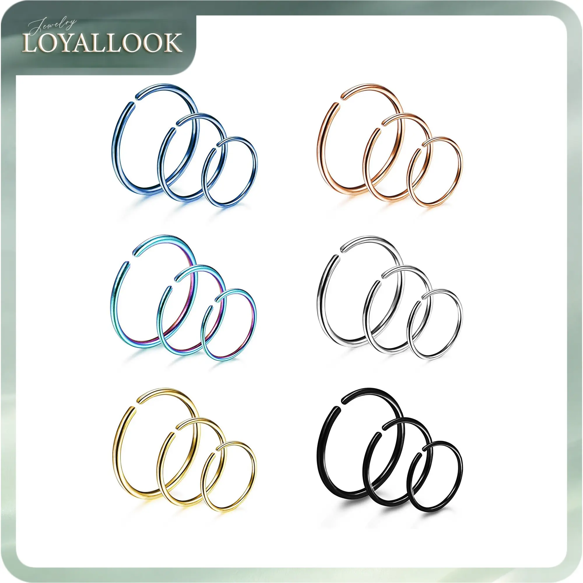 LOYALLOOK 18/24Pcs Hypoallergenic Nose Rings Hoops 316L Surgical Stainless Steel Lightweight Small Piercing Jewelry for Women Men Cartilage Tragus Helix