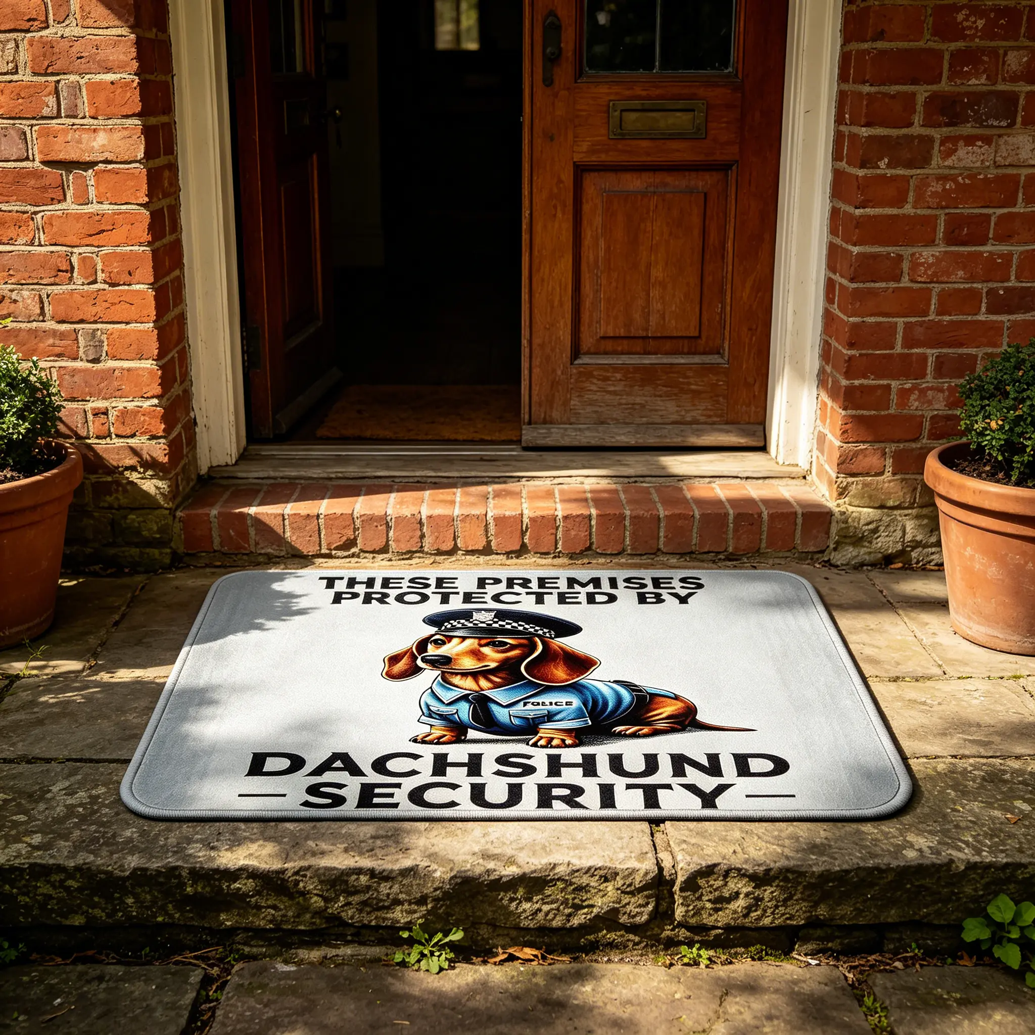 Playful Funny Police Uniform Dachshund Flannel Doormat - "These Premises Protected By Dachshund Security", Rectangular, Non-Slip Rubber Back, Thick, Soft, Durable, Machine Wash, Sausage Dog Lover Gift, Indoor Front Door Decor Bath Mat