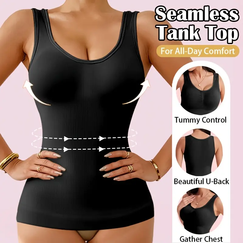 Women's Tummy Control Shapewear Cami Top- Seamless Ribbed Compression Undergarment for Abdominal Support, Waist Trainer