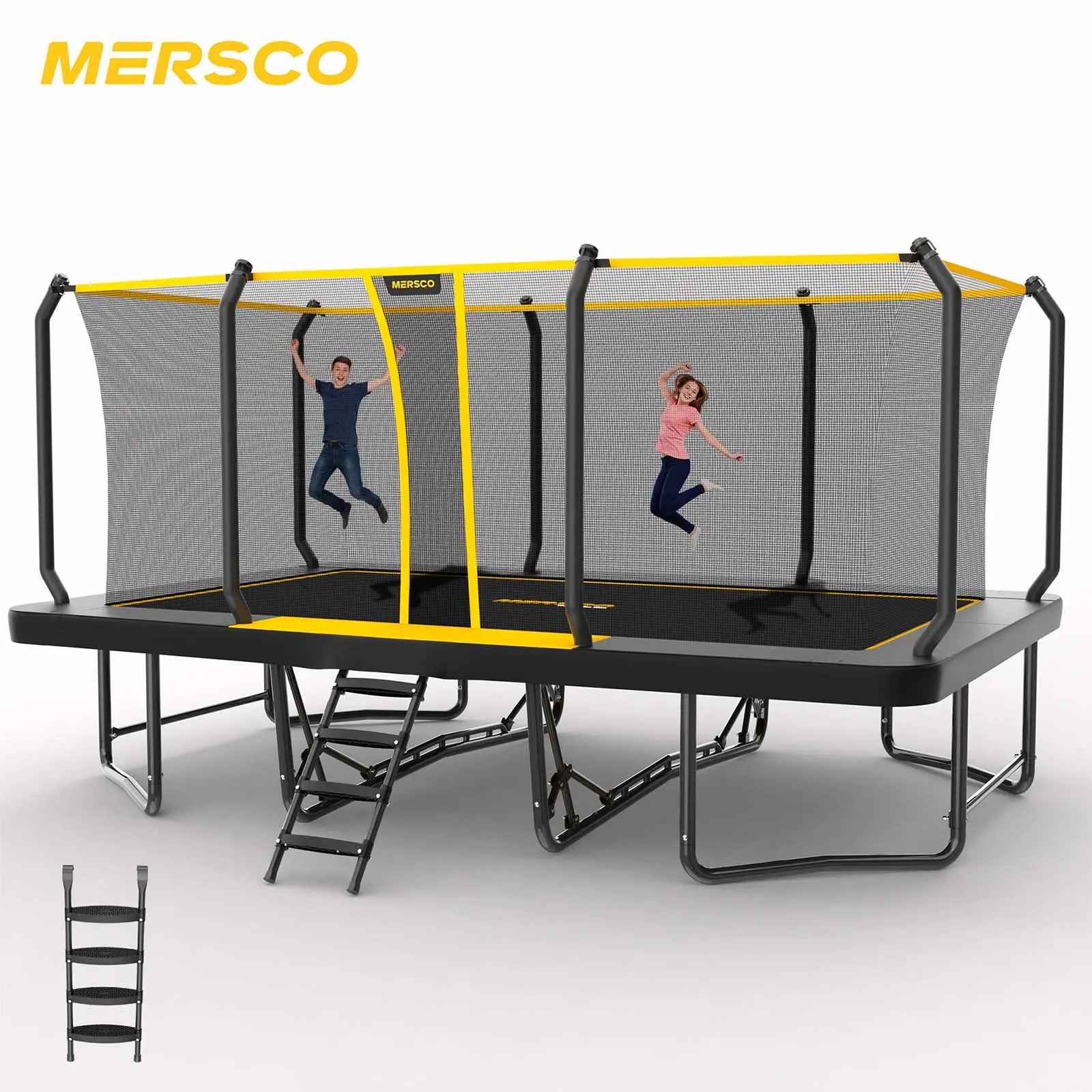 Mersco 12x18 FT Large Rectangle Enclosed Fitness Trampoline - UV-Resistant Enclosed Net, Ladder, Galvanized Steel W-Shaped Frame, Bolt-Free Design, Easy Assembly, Outdoor Jumping Gear for Kids, Black Birthday Gift with Durability