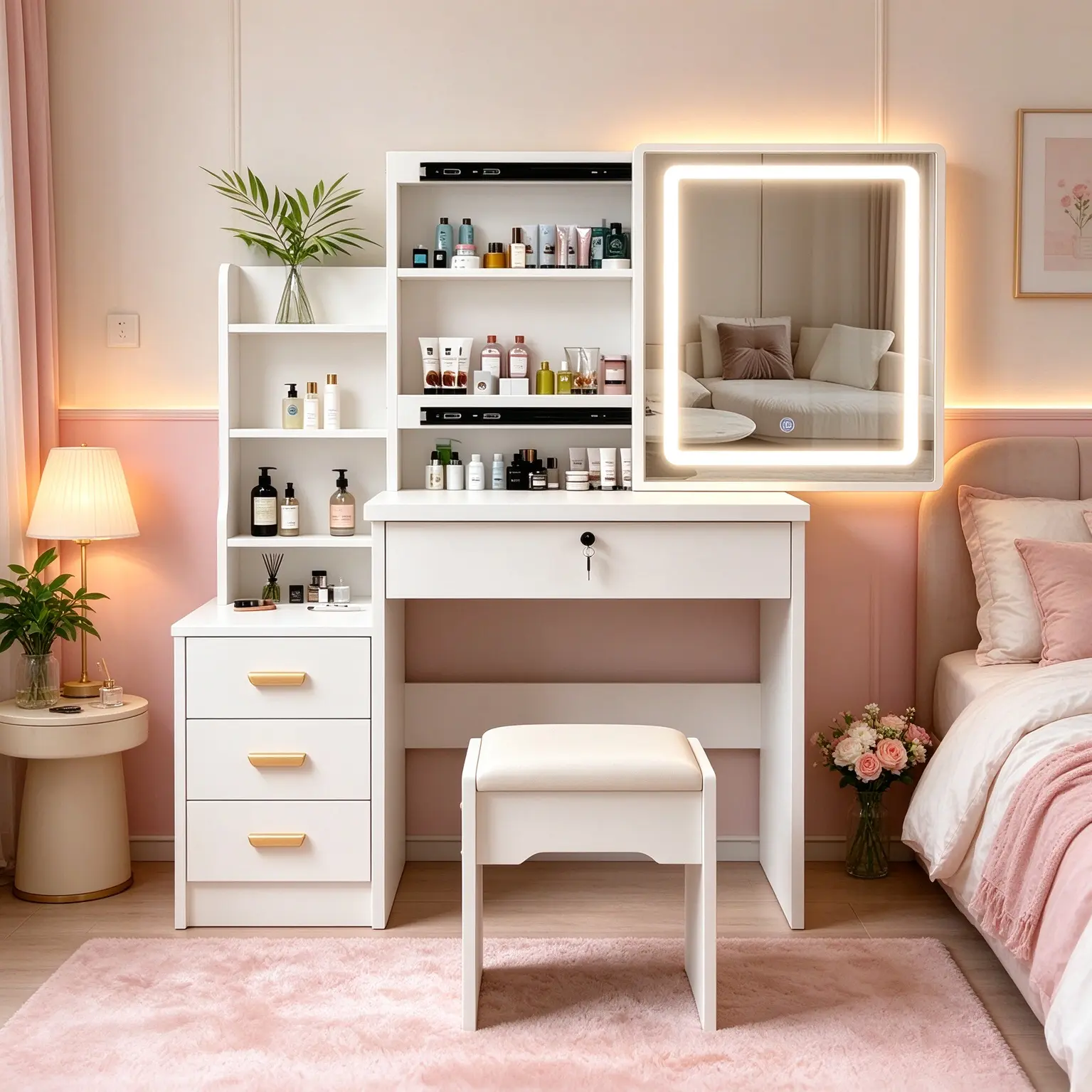 White vanity set includes lighted mirror; makeup table with stool and multifunctional storage design; suitable for teens and adults; ideal for home dressing rooms or bedrooms furniture big house decor fold-up panel 3-color light Pastoral makeup vanities