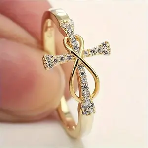 Women's Stainless Steel Cross Rings - Synthetic Zircon-Inlaid, High-End Simple Luxury Elegant Fashion Accessories, Versatile Costume Jewelry for Casual Wear