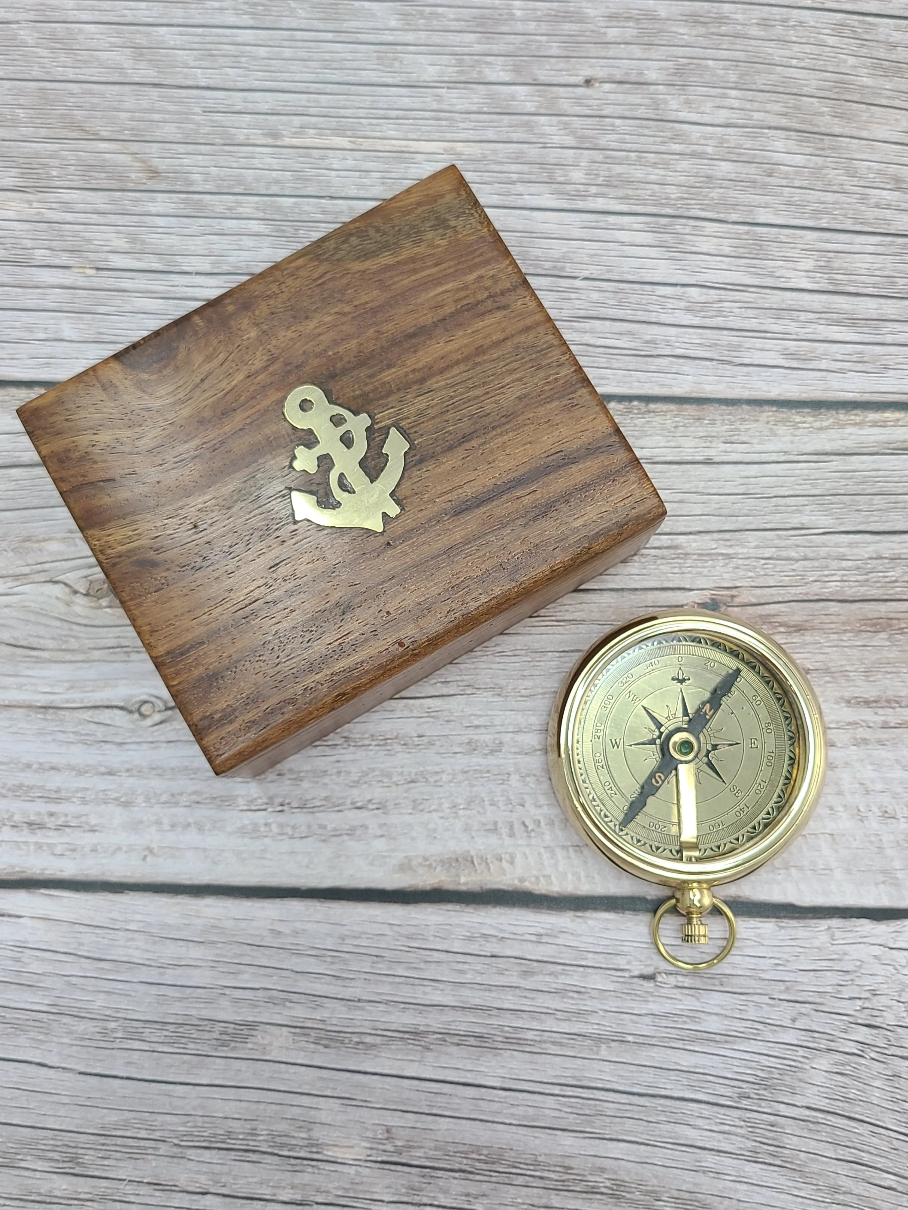Solid Brass Nautical Pocket Compass with Handcrafted Wooden Case – Vintage Working Maritime Gift for Collectors