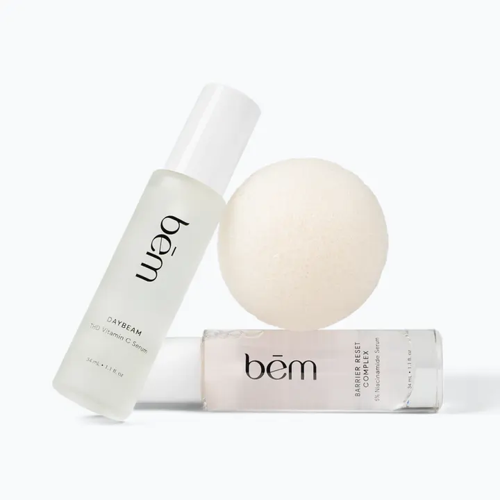 PREP RESET & GLOW Skin Care Ritual Set with Konjac Facial Sponge, Barrier Reset Complex, and Daybeam Vitamin C Serum for Soft Refreshed Luminous Skin