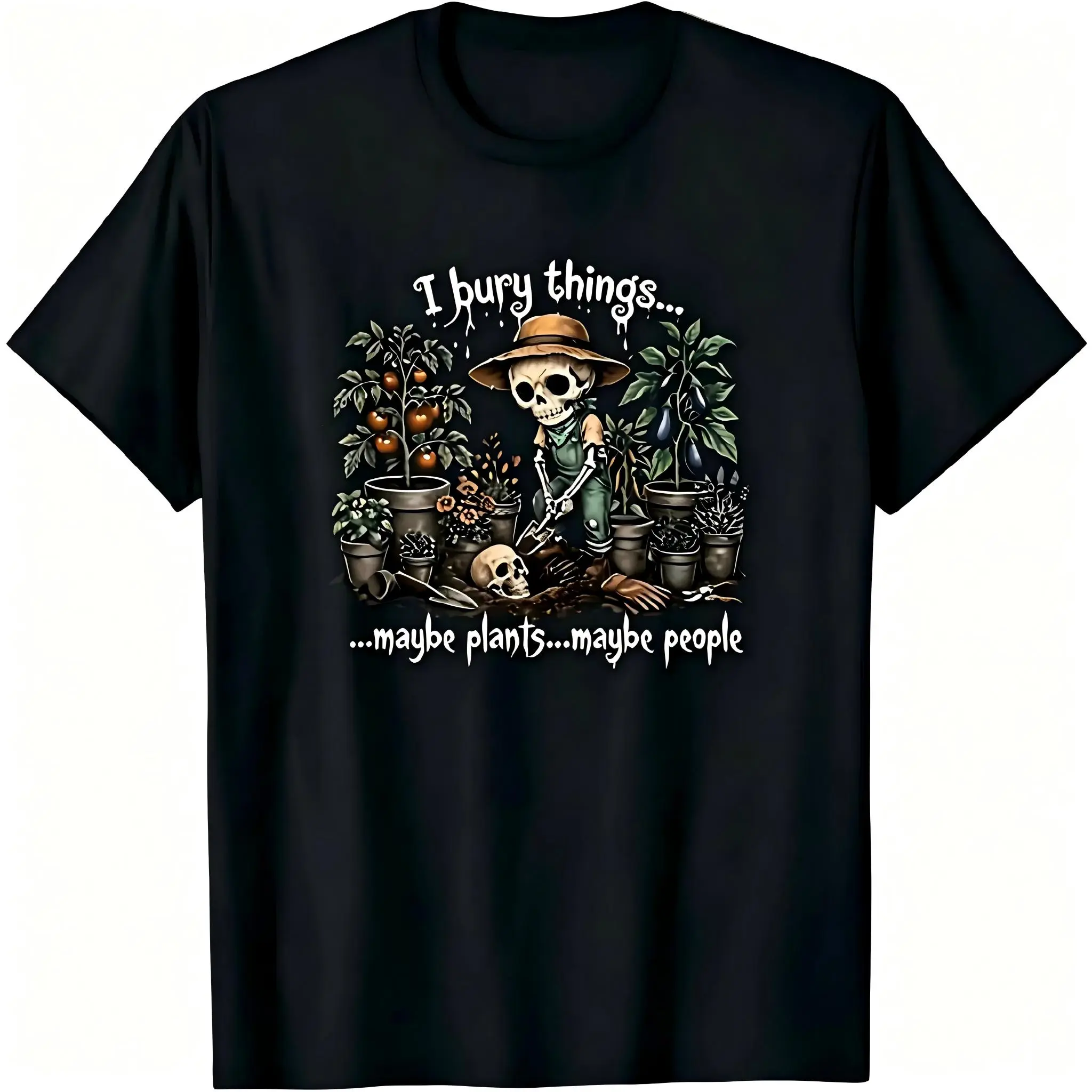 Men's Casual Round Neck Short-Sleeve Top - I Bury Things Graphic Tee, Dark Gardening Humor Shirt, Gothic Skeleton Gardener Sports & Outdoor Clothing