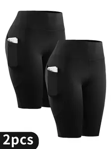 Women's High Waisted Yoga Shorts 2-Pack - Buttery Soft 4" Inseam Workout Shorts No-See-Through & Squat-Proof Twill Fabric