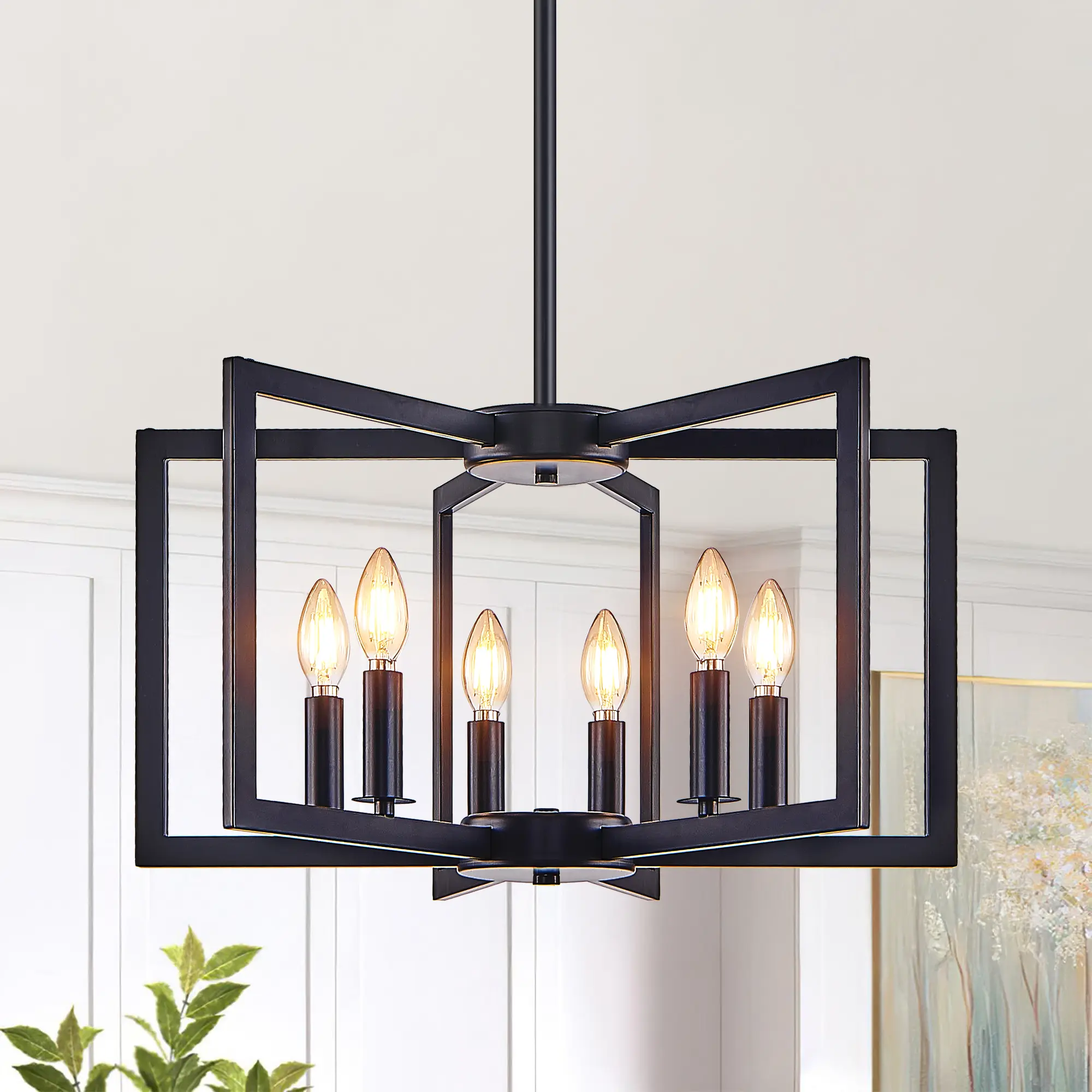 Geometric 6-Light Pendant Chandelier in Matte Black – 22-Inch Metal Ceiling Fixture for Dining Areas, Kitchen Islands, and Entryways (Bulbs Not Included)
